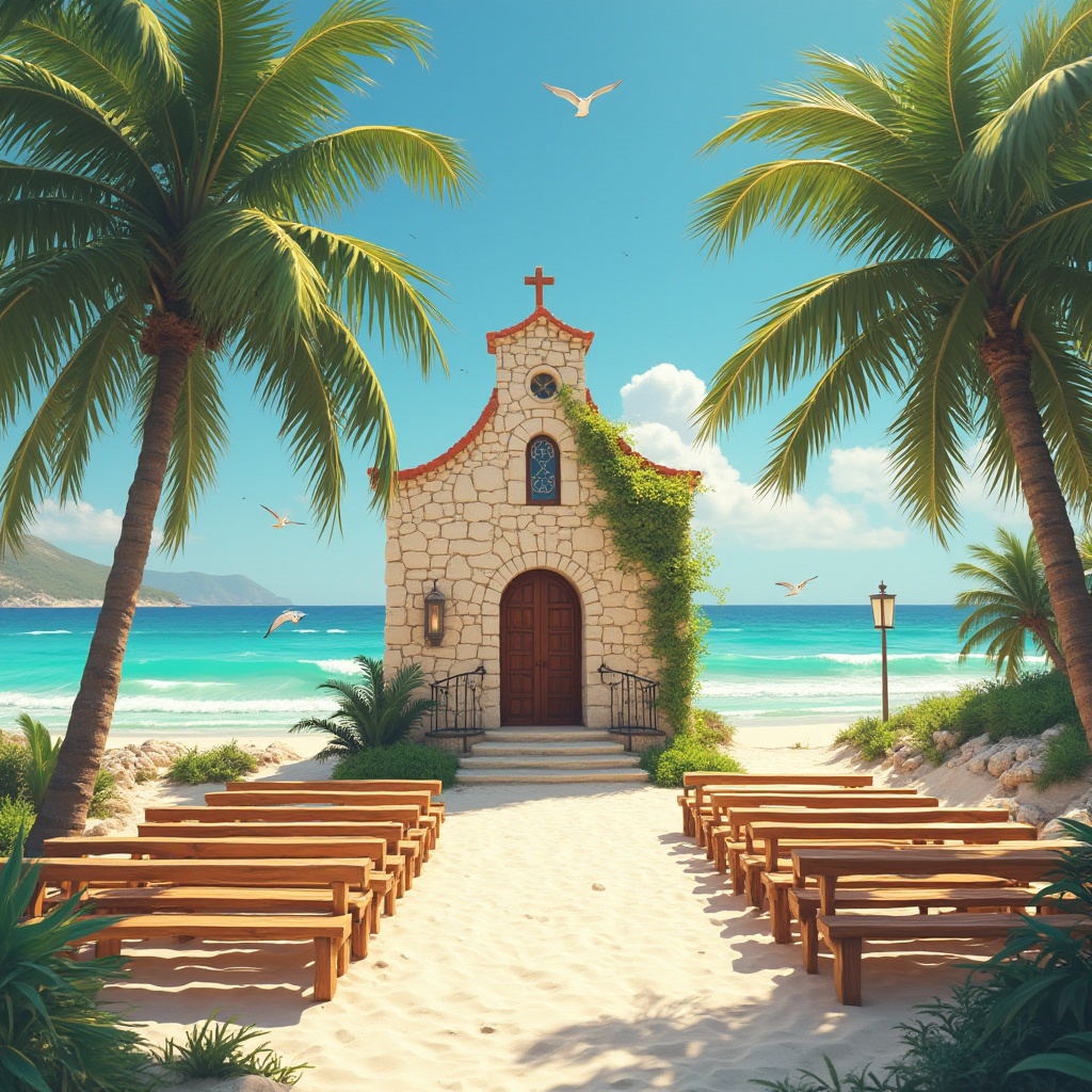 Prompt: Beach church, apricot color, warm tone, sunny day, coastal scenery, palm trees swaying gently, white sandy beach, clear turquoise water, waves crashing softly, seagulls flying overhead, wooden benches, rustic doors, stone walls, ivy climbing up, stained glass windows, soft warm lighting, peaceful atmosphere, serene composition, 3/4 view, horizontal lines.