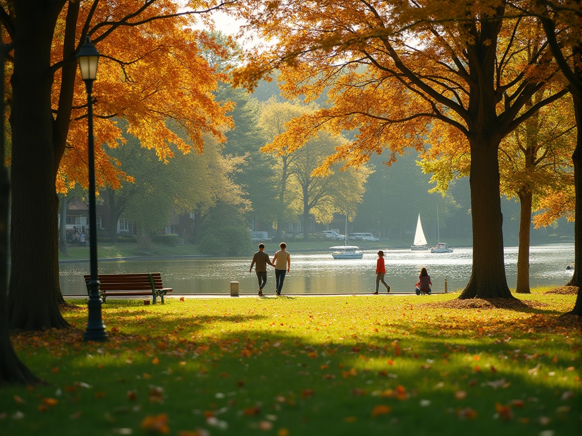 Prompt: Gainsboro color, serene park scenery, lush green grass, tall trees with vibrant autumn foliage, wooden benches, walking trails, tranquil lake in the background, sailboats drifting slowly, people strolling hand-in-hand, children playing tag, gentle breeze rustling leaves, warm soft natural light, cinematic composition, 3/4 shot, depth of field, vivid colors, realistic texture.