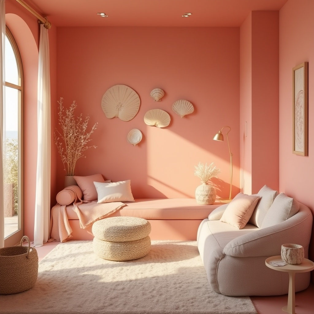 Prompt: Coral color, welcoming atmosphere, bright interior, warm lighting, comfortable furniture, soft cushions, coral pink walls, wooden decorations, seashell ornaments, woven basket, natural textiles, minimalist decor, cozy nook, reading corner, floor lamp, soft carpet, gentle curves, beachy vibes, relaxed mood, peaceful ambiance.