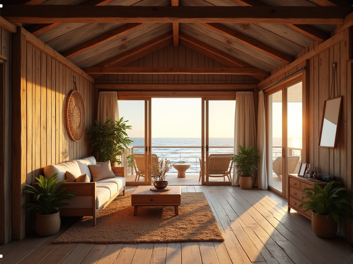 Prompt: Beach loft, vernacular architecture, seaside, wooden structure, rustic exterior, corrugated metal roof, wide windows, sliding glass doors, open-plan interior, high ceiling, exposed beams, natural light, airy atmosphere, minimalist decor, rattan furniture, jute rug, potted plants, ocean view, beachy vibe, sunset time, warm soft lighting, relaxed composition.