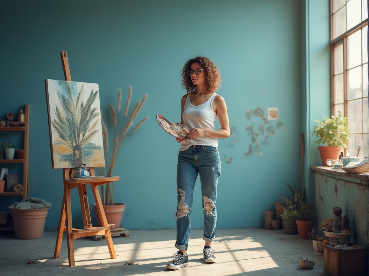 Prompt: Powder blue accent wall, modern art studio, mature lady artist, curly brown hair, glasses, elegant makeup, white tank top, ripped jeans, sneakers, standing, palette in hand, brush strokes on canvas, wooden easel, natural light pouring through skylight, concrete floor, industrial windows, urban cityscape outside, morning softbox lighting, 3/4 composition, warm atmosphere.