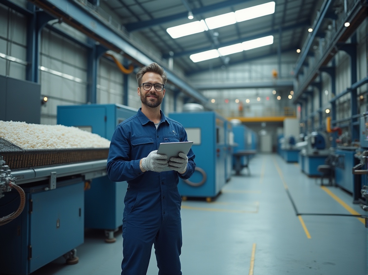 Prompt: Modern industrial setting, factory interior, polyethylene materials, plastic pellets, machinery, conveyor belts, pipes, valves, control panels, steel beams, fluorescent lighting, high ceilings, solo male worker, middle-aged, muscular build, wearing blue overalls, safety goggles, gloves, holding a tablet, inspecting the production line, standing with feet shoulder-width apart, slight smile, confident posture, clean and organized environment, subtle reflections on metal surfaces, shallow depth of field, industrial ambiance, natural light filtering through skylights.