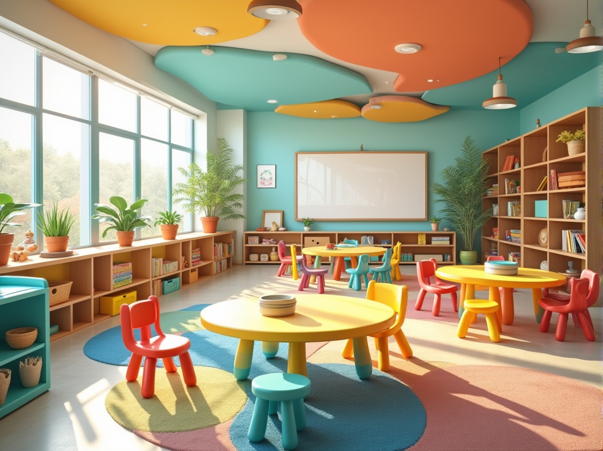 Prompt: Colorful kindergarten classroom, vibrant atmosphere, modern innovative design, unique shaped tables, ergonomic chairs, soft pastel walls, educational posters, interactive whiteboards, floor-to-ceiling windows, natural light pouring in, mini library corner, cozy reading nook, rounded bookshelves, woven baskets, potted plants, playful area rugs, circular gathering space, wooden blocks, building materials, arts and crafts station, sensory play zone, imaginative playground equipment, bright colored storage bins, inspirational quotes on walls, 3/4 composition, warm softbox lighting.