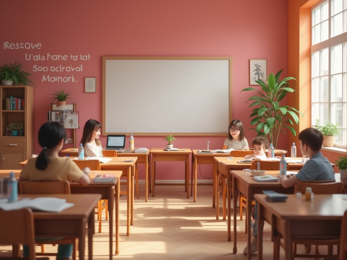 Prompt: Educational space, plum color walls, vibrant atmosphere, wooden desks, ergonomic chairs, inspirational quotes, softbox lighting, 3/4 composition, warm tone, cozy ambiance, students' happy faces, open books, scattered papers, colorful pens, laptops, water bottles, plants on tables, minimalistic background, pastel color accents, calm mood, gentle shadows, soft focus, natural light, afternoon scene.