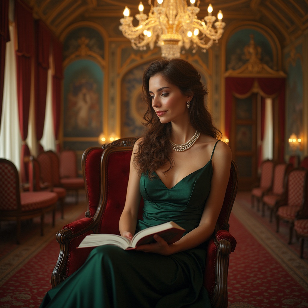 Prompt: Byzantine style dormitory, luxurious interior, grand chandelier, intricate mosaics, ornate wooden furniture, velvet curtains, golden accents, regal atmosphere, mature lady, long curly brown hair, elegant evening gown, pearl necklace, reading a book, sitting on a plush armchair, warm lighting, 3/4 composition, shallow depth of field.