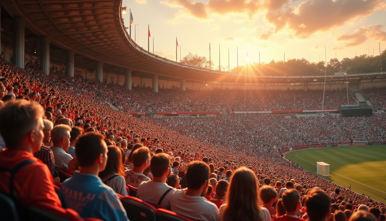 Prompt: Plateau, spectator stands, grandeur architecture, majestic stone pillars, tiered seating, comfortable cushions, vibrant colored uniforms, enthusiastic crowd, cheering, applause, sunset background, warm golden light, dramatic shadows, fluttering flags, gentle breeze, panoramic view, 3/4 composition, soft focus, cinematic atmosphere, realistic textures, detailed facial expressions.