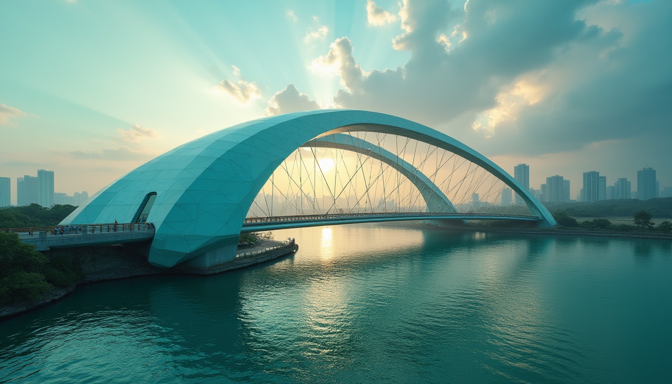 Prompt: Celadon colored bridge, futuristic, modern architecture, sleek lines, metallic sheen, river crossing, urban landscape, cityscape, vibrant blue-green hue, glossy surface, reflective material, dramatic lighting, sunset time, warm ambient glow, misty atmosphere, distant skyscrapers, lush greenery along the riverbank.