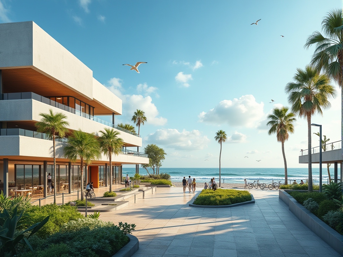 Prompt: Coastal campus, constructivism style, modern architecture, concrete buildings, glass windows, steel beams, minimalist design, clean lines, geometric shapes, vibrant colors, beachside location, palm trees, tropical plants, seagulls flying overhead, sunny day, blue sky, white clouds, gentle ocean breeze, waves crashing in the background, students walking and chatting, bicycles parked nearby, modern street lamps, winding pathways, outdoor seating areas, lush greenery, natural textures, 3/4 composition, panoramic view, soft focus, warm lighting.