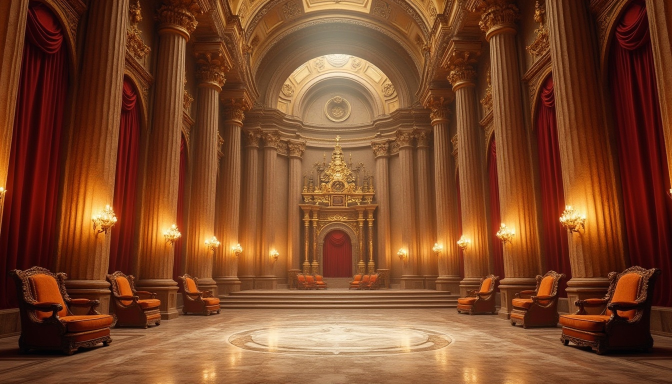 Prompt: Ancient Byzantine theater, intricate carvings, ornate columns, grandiose arches, warm golden sandstone walls, polished marble floors, majestic chandeliers, lavish velvet curtains, regal thrones, dramatic spotlights, soft diffused lighting, 3/4 composition, low-angle shot, symmetrical framing, antique furniture, luxurious fabrics, opulent decorations, ornate patterns.