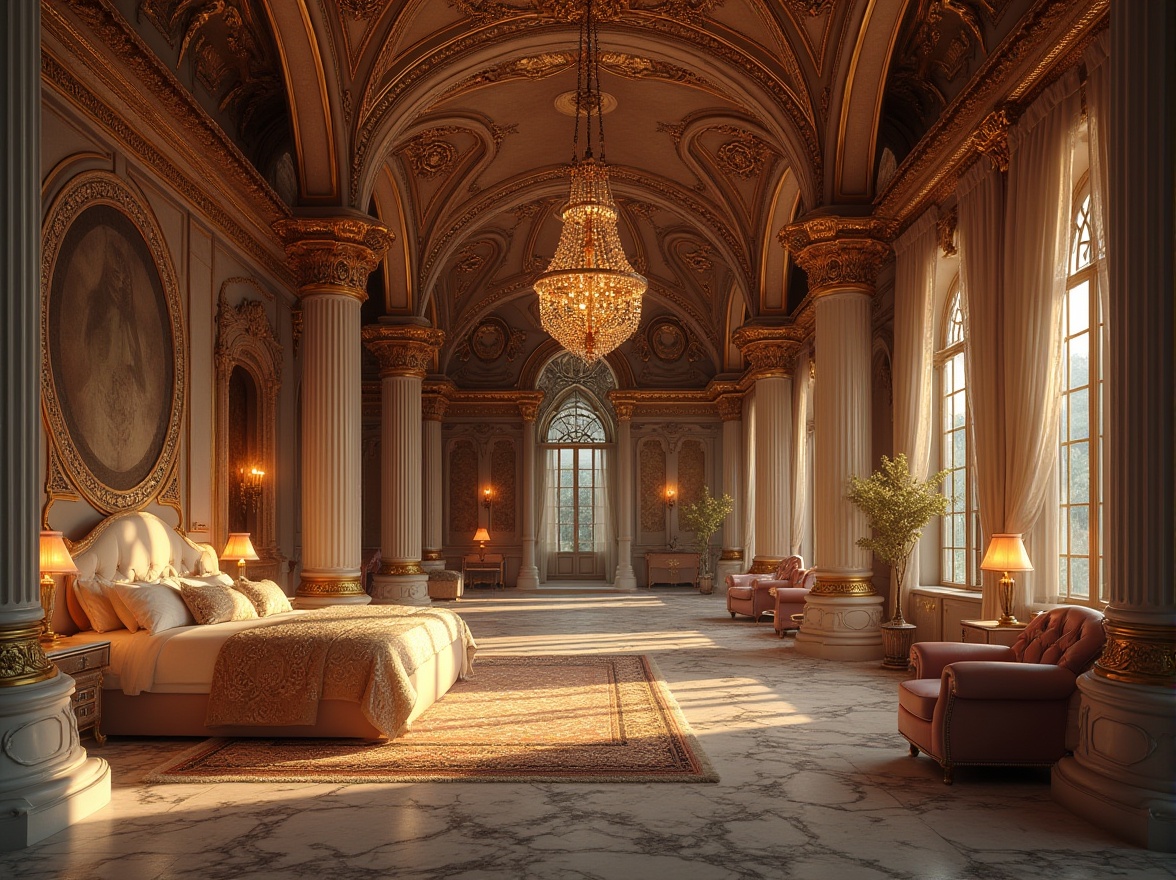 Prompt: Modern dormitory, Byzantine style, luxurious, ornate details, golden accents, intricate mosaics, marble floors, high ceilings, grand chandeliers, lavish furnishings, velvet drapes, ornamental patterns, regal atmosphere, warm lighting, rich textures, majestic arches, imposing columns, mystical ambiance, futuristic twists, sleek lines, minimalist chic, contrast of ancient and modern elements, eclectic mix of old and new materials.