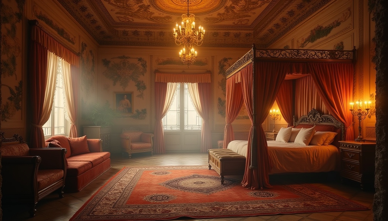 Prompt: Byzantine-style dormitory, luxurious resident's room, warm golden lighting, ornate stone walls, intricate mosaics, high ceilings, grand chandeliers, lavish velvet drapes, carved wooden furniture, plush oriental rugs, comfortable king-size bed, majestic four-poster, delicate lace curtains, richly patterned upholstery, soft atmospheric smoke, mysterious ambiance, warm color tones, ancient Greek-inspired decor, mystical atmosphere, dramatic shadows, cinematic composition.