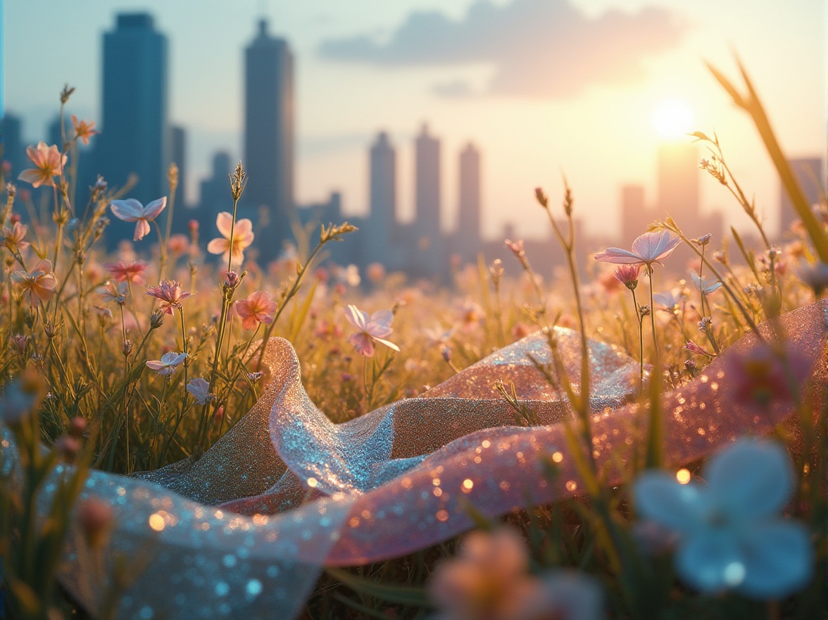 Prompt: Meadow inspirations, futuristic high-tech fabric designs, shimmering metallic threads, iridescent colors, floral patterns, delicate petals, soft blades of grass, intricate leaf veins, gentle breeze, warm sunlight, vibrant wildflowers, 3D texture, glossy finish, reflective material, futuristic cityscape, skyscraper backdrop, panoramic view, cinematic composition, ambient lighting, HDR.