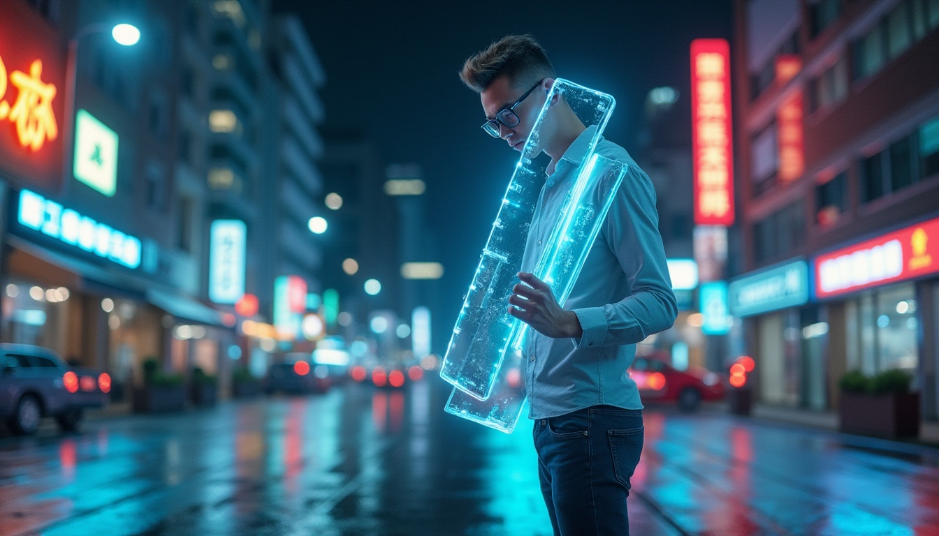 Prompt: Modern designer, studio setting, mid-shot, 30s adult, trendy hair, black-framed glasses, white shirt, dark jeans, sneakers, holding a futuristic transparent plastic model, sleek lines, LED lights, metallic texture, urban background, cityscape at night, neon lights reflecting on the floor, shallow depth of field, cinematic composition, vibrant colors, high-key lighting.