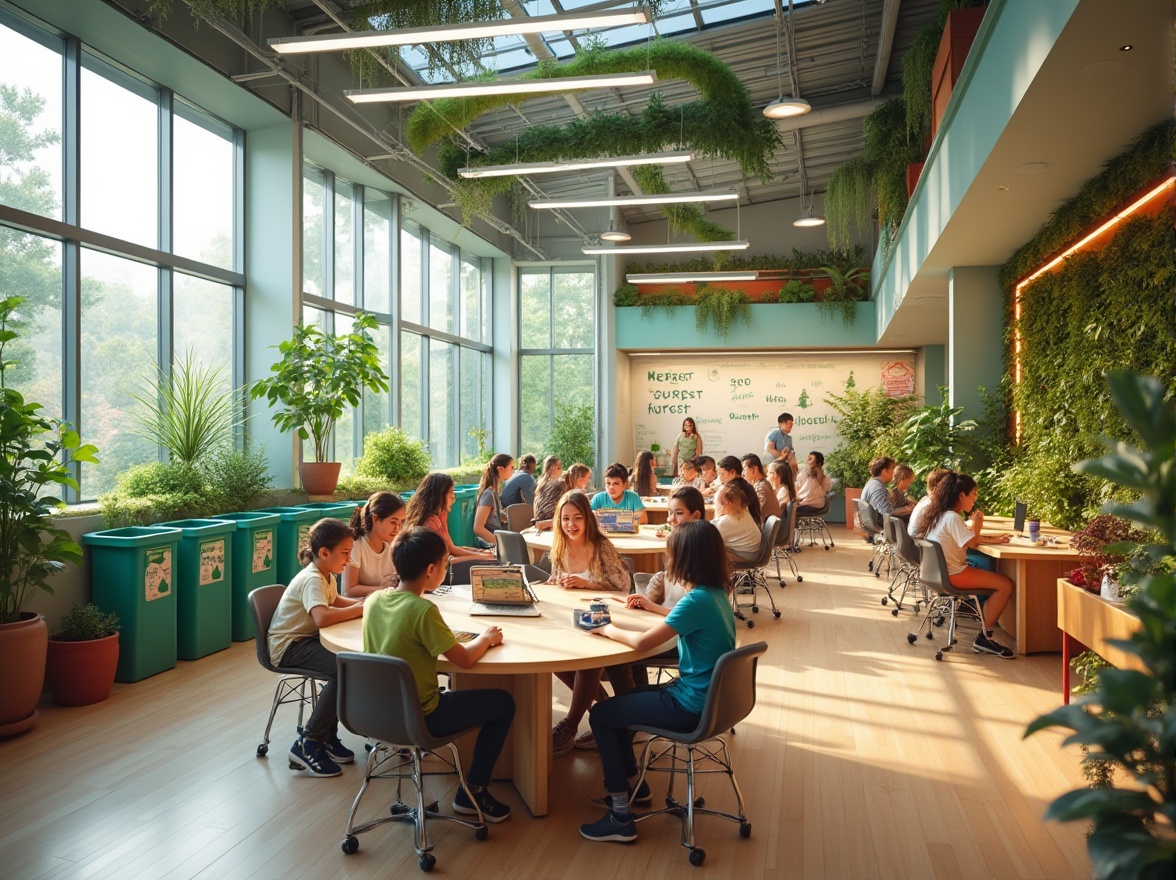 Prompt: Eco-friendly youth center, modern architecture, green roof, solar panels, recycling bins, natural light pouring in, open spaces, minimalist interior design, wooden floors, energy-efficient lighting, living walls with plants, educational murals, vibrant colors, circular tables for group discussions, ergonomic chairs, laptops on tables, diverse group of children and teenagers engaging in activities, smiling faces, casual clothing, sneakers, hands holding eco-friendly products, Earth-friendly messages on whiteboards, panoramic view, soft natural light, shallow depth of field.