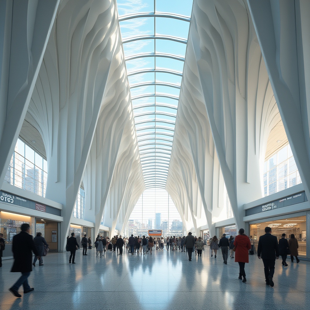 Prompt: Modern train station, grand entrance, large glass ceiling, sleek white pillars, futuristic design, utilizing plaster material, smooth walls, minimalist decoration, bright ambient lighting, people walking in a hurry, rush hour scene, dynamic composition, low-angle shot, depth of field, urban atmosphere, cityscape background, busy streets, skyscrapers.