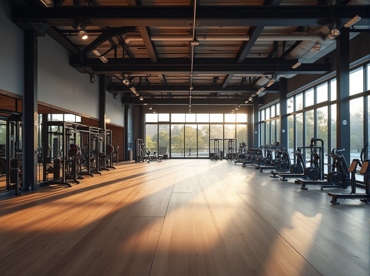 Prompt: Modern suburban gymnasium, sleek architecture, large glass windows, steel beams, wooden flooring, mirrored walls, state-of-the-art equipment, free weights area, cardio machines section, stretching zone, basketball court, tennis court, indoor track, fitness classes, personal training sessions, athletic wear, sweatbands, sporty hairstyle, energetic atmosphere, natural lighting, softbox lights, panoramic view, symmetrical composition, warm color tone, 3/4 perspective, shallow depth of field.