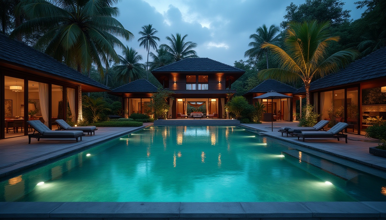 Prompt: Dark cyan pool water, luxurious villa, tropical ambiance, evening atmosphere, warm soft lighting, gentle ripples, stepped stone poolside, lush greenery, palm trees swaying, comfortable lounge chairs, umbrellas, pool floats, subtle mist, calm reflections, 3/4 composition, cinematic depth of field, HDR effect.