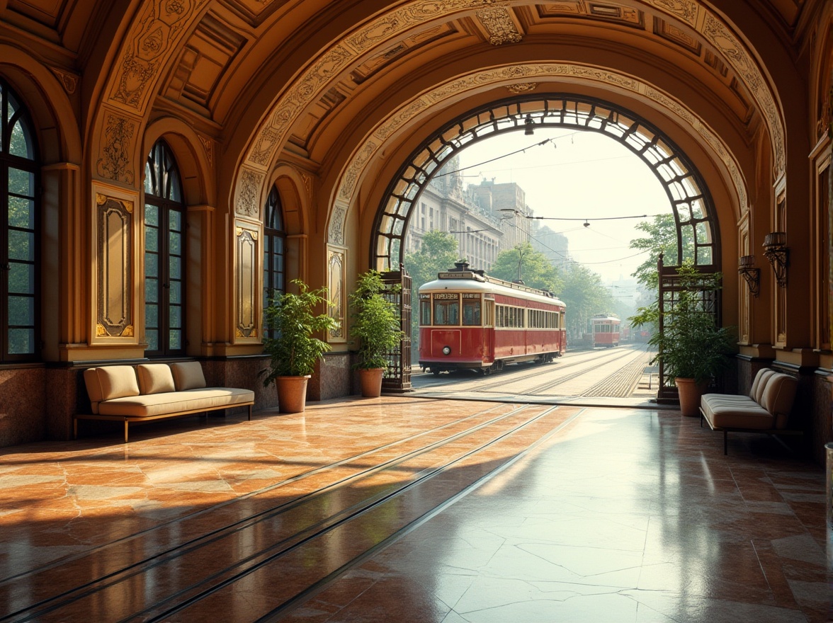 Prompt: Streamline Moderne tram station, elegant curves, metallic luster, art deco patterns, grand entrance, high ceiling, large windows, natural light pouring in, polished marble floor, intricate ironwork, vintage tram cars, luxurious seating area, potted plants, cityscape background, sunny day, soft focus, shallow depth of field, warm ambient lighting, cinematic composition, 1930s style, urban landscape.