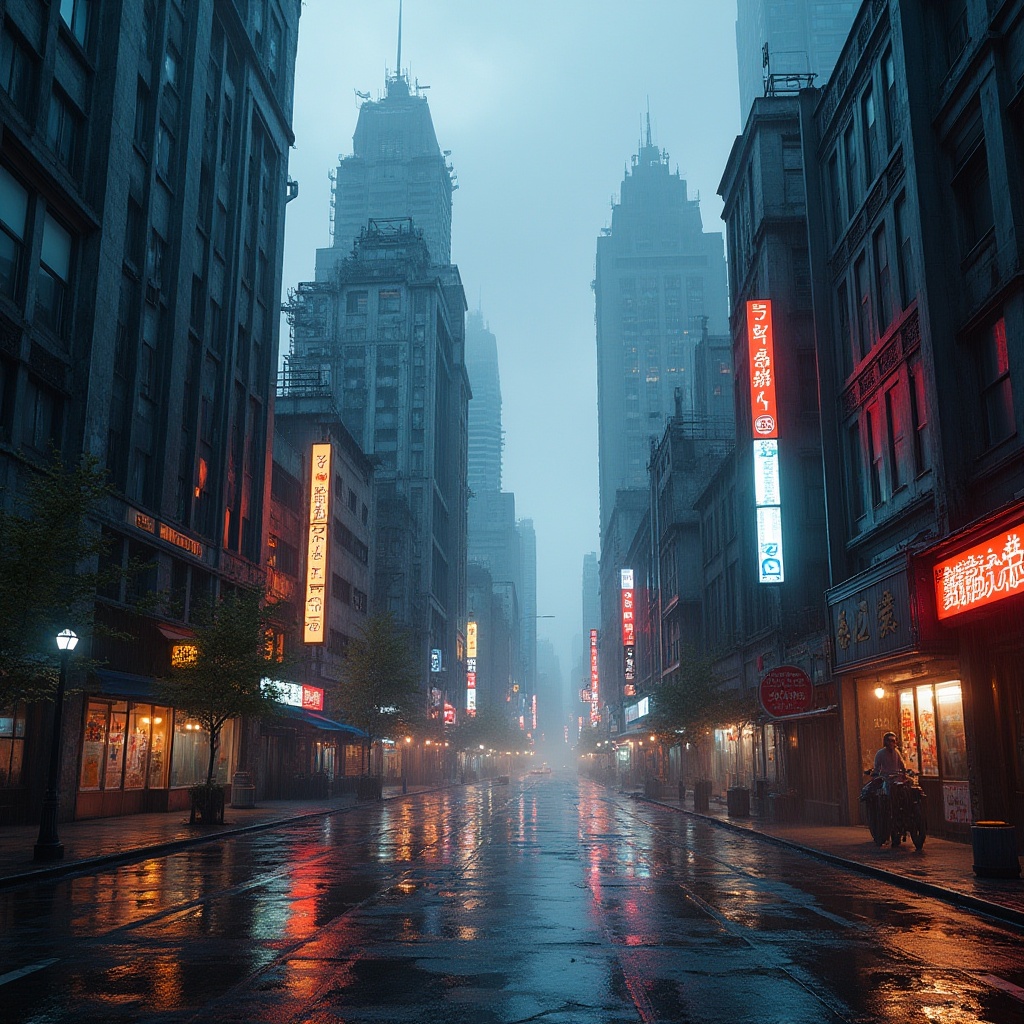 Prompt: Urban commercial districts, brutalist architecture, concrete skyscrapers, geometric shapes, industrial texture, metallic accents, neon lights, bustling streets, cityscape at dusk, rainy atmosphere, wet pavement reflection, dramatic shadows, cinematic composition, low-angle shot, wide-lens capture, vibrant color palette, dynamic urban life.