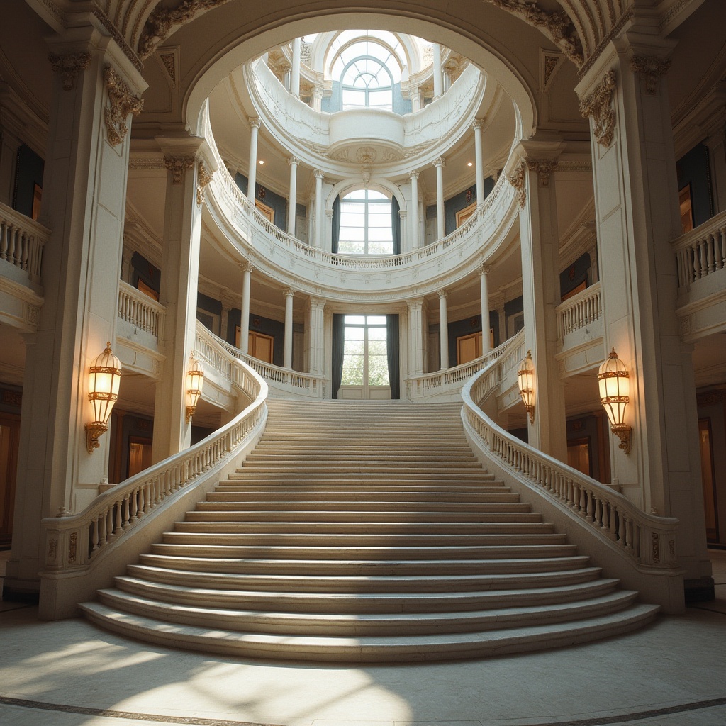 Prompt: Courthouse, Streamline Moderne style, elegant architecture, grand staircase, curved lines, ornate details, luxurious materials, marble floors, high ceilings, large windows, cityscape background, urban atmosphere, daytime, soft natural light, subtle shadows, realistic textures, symmetrical composition, low-angle shot, cinematic mood.