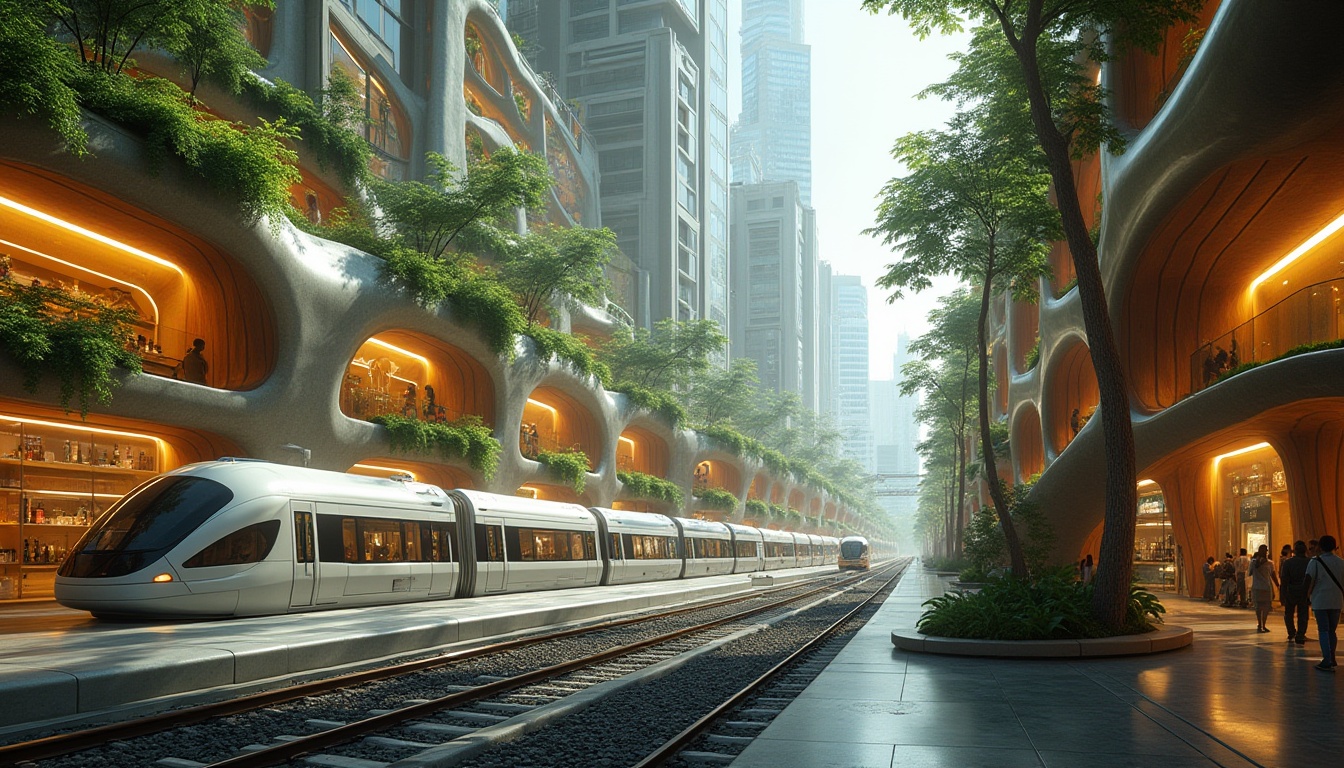 Prompt: Futuristic transportation hub, organic architecture, curved lines, natural materials, wooden accents, green walls, living plants, ambient lighting, warm colors, modern technology integration, sleek trains, futuristic buses, blurred motion, cityscape, metropolitan area, busy streets, towering skyscrapers, panoramic view, high-angle shot, cinematic composition, vibrant colors, depth of field, HDR.