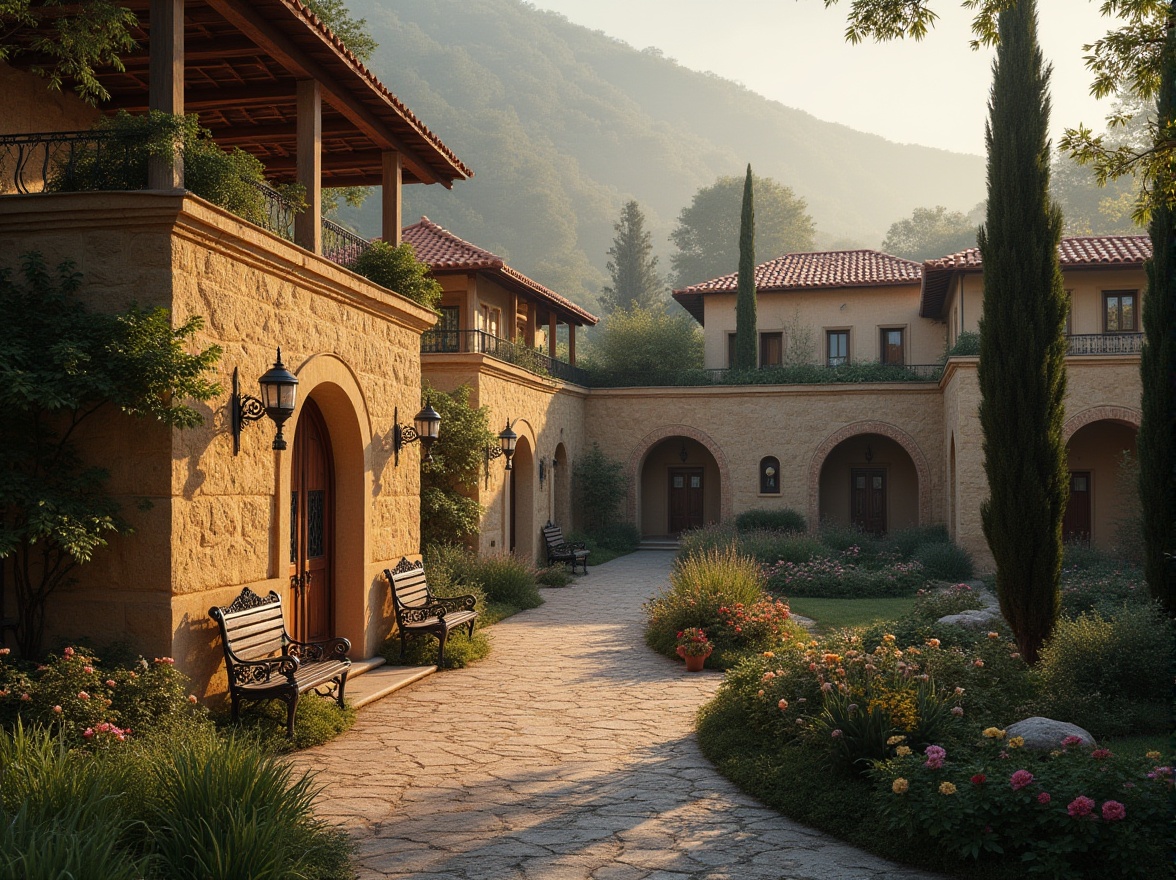 Prompt: Residential area, Byzantine dorm, Mediterranean style, warm beige walls, red-tiled roofs, ornate stone carvings, lush greenery, flower beds, cypress trees, curved benches, pebbled pathways, lanterns, evening ambiance, soft golden lighting, misty atmosphere, serene composition.