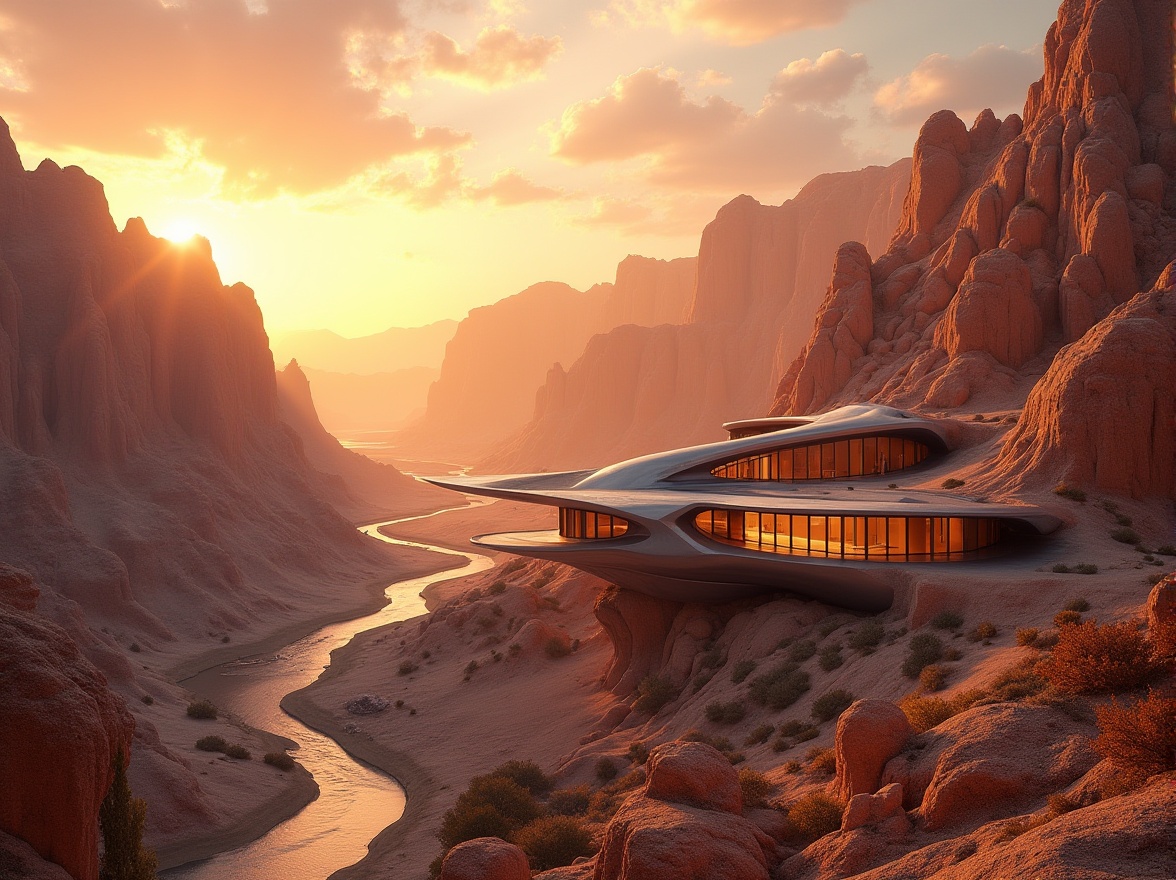 Prompt: Canyon inspirations in design, majestic landscape, vast desert canyon, warm orange sunset, rock formations, eroded cliffs, winding rivers, sandy dunes, cacti, unique architectural structure, futuristic building, curved lines, metallic materials, glass facade, cantilevered roof, modern interior design, spacious rooms, minimalistic decor, ambient lighting, 3/4 composition, cinematic angle, soft focus, warm color tone, natural textures.