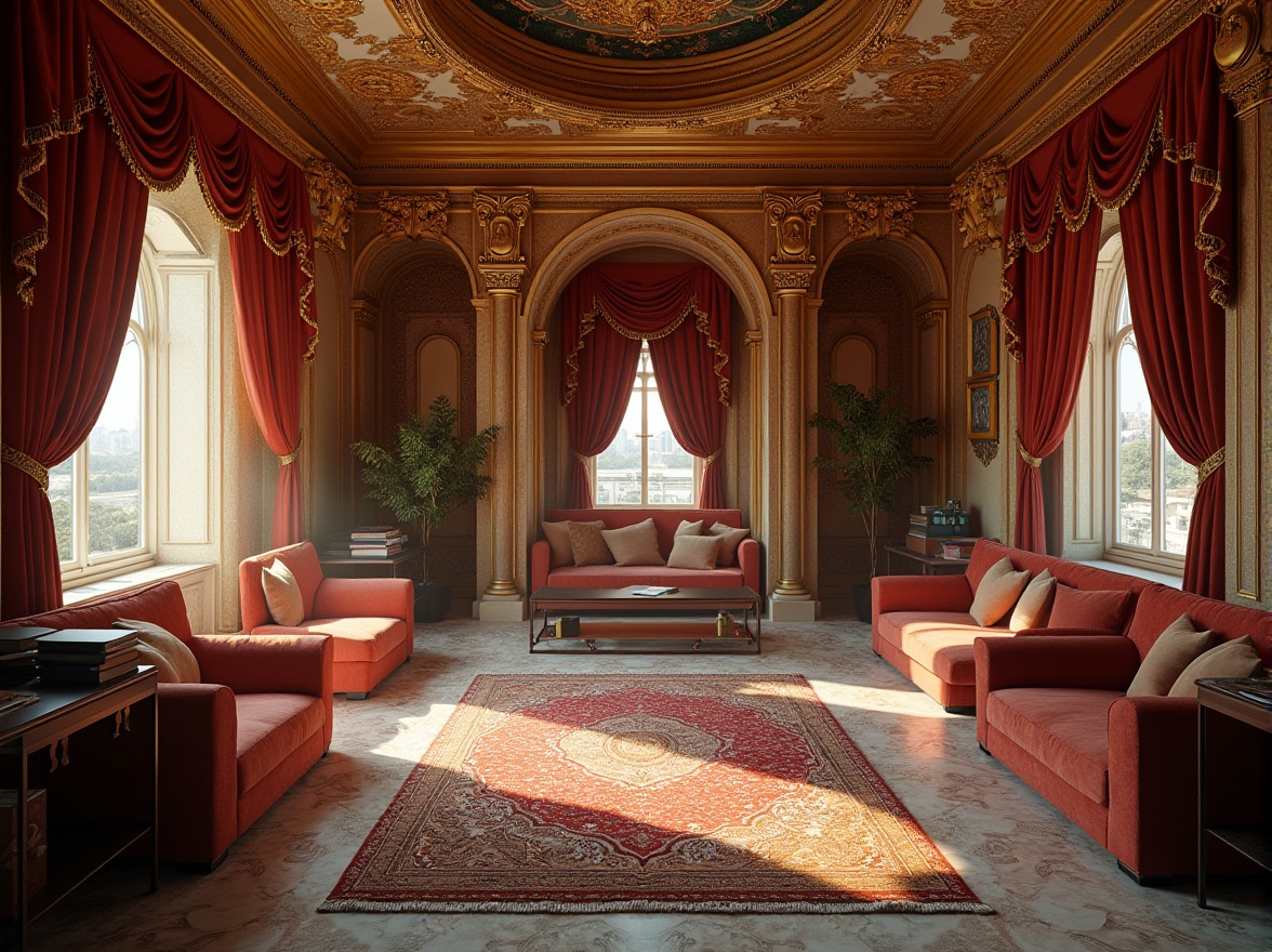 Prompt: Byzantine style dorm, luxurious, ornate, golden accents, intricate mosaics, majestic arches, high ceilings, lavish furnishings, velvet drapes, marble floors, ornamental pillars, cozy reading nook, richly textured rugs, plush sofas, minimalist desks, warm lighting, dramatic shadows, symmetrical composition, 3/4 angle view, atmospheric perspective.