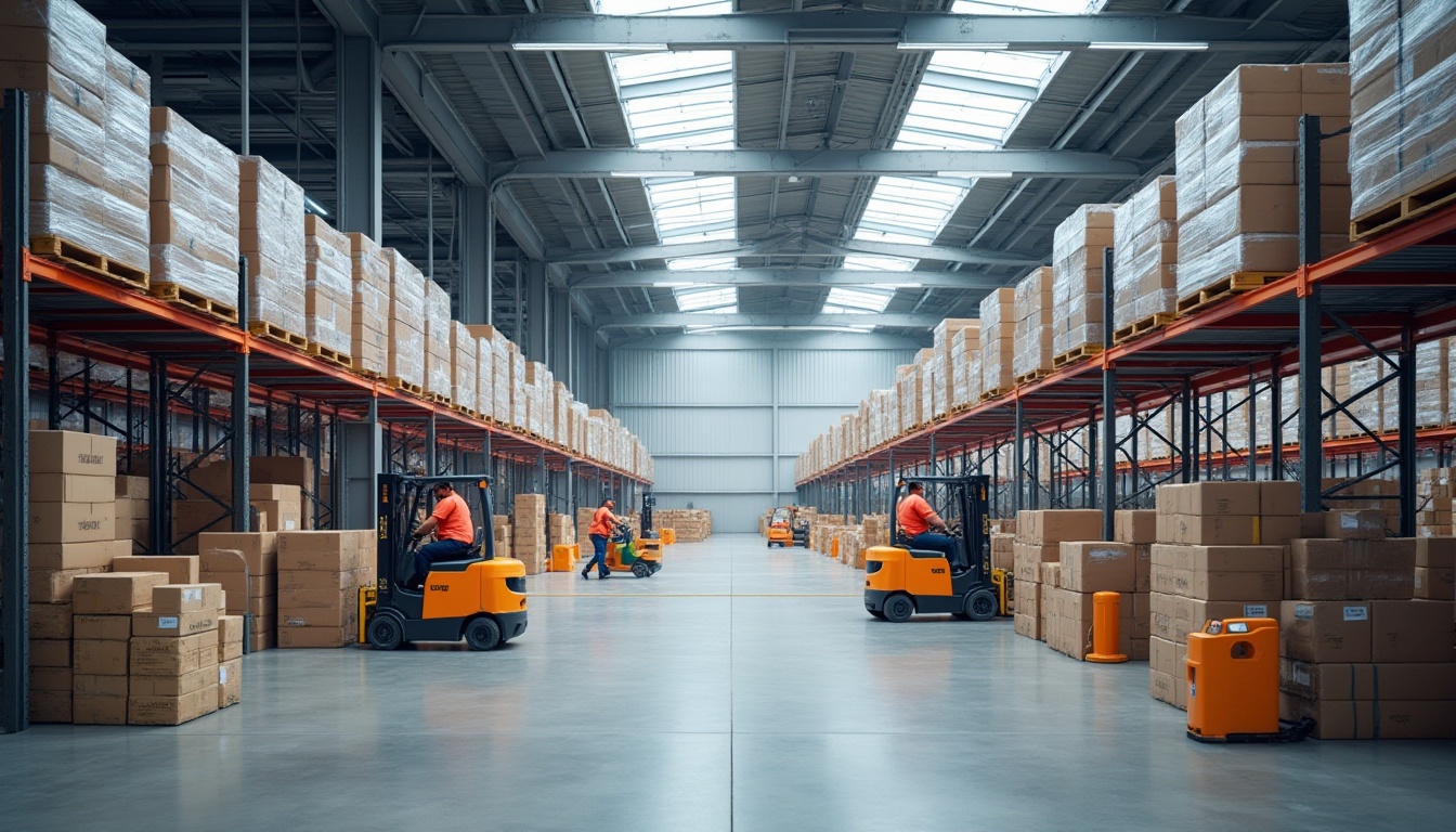 Prompt: Modern distribution center, international style, minimalist architecture, sleek lines, angular shapes, neutral color palette, polished concrete floors, steel beams, industrial lighting, rows of shelves, crates and boxes stacked, forklifts and pallet jacks, bustling with activity, workers in orange vests, high ceilings, skylights, natural light pouring in, urban background, cityscape, contemporary composition, wide-angle shot, sharp focus, shallow depth of field.