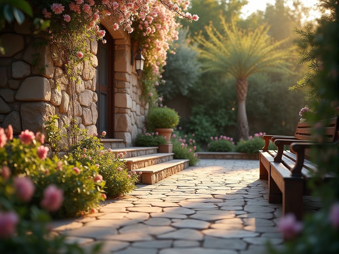 Prompt: Masonry material, outdoor space, villa, residential area, garden, patio, natural stone wall, brick pavement, flower bed, blooming flowers, trees, greenery, wooden bench, soft lighting, warm afternoon, depth of field, realistic, ambient light, cinematic composition, 3/4 shot, low-angle view.