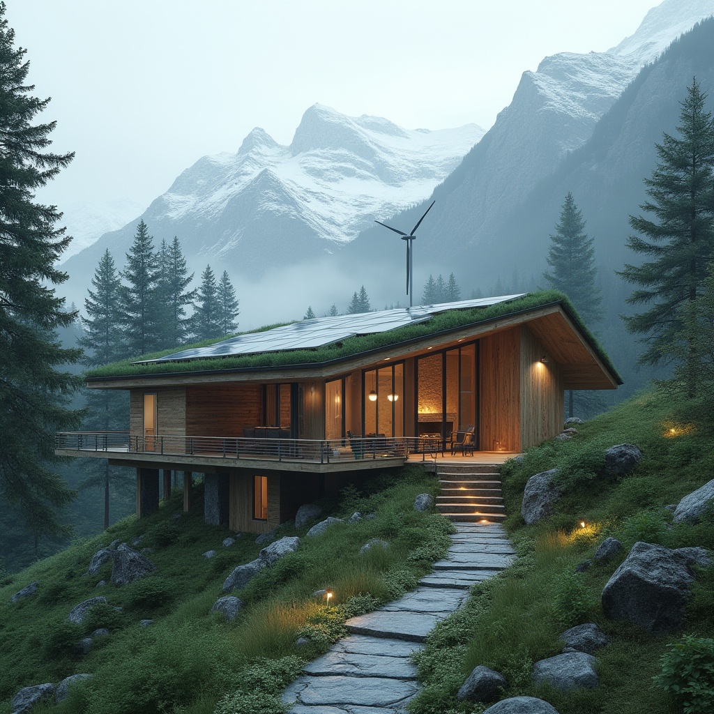 Prompt: Mountainous region, sustainable architecture, modern eco-lodge, wooden structure, green roof, solar panels, wind turbine, snow-capped mountains, misty atmosphere, lush forest, stone pathway, minimalism design, natural materials, earth tone color palette, warm lighting, cozy interior, fireplace, large windows, panoramic view, 3/4 composition, ambient light, cinematic atmosphere.