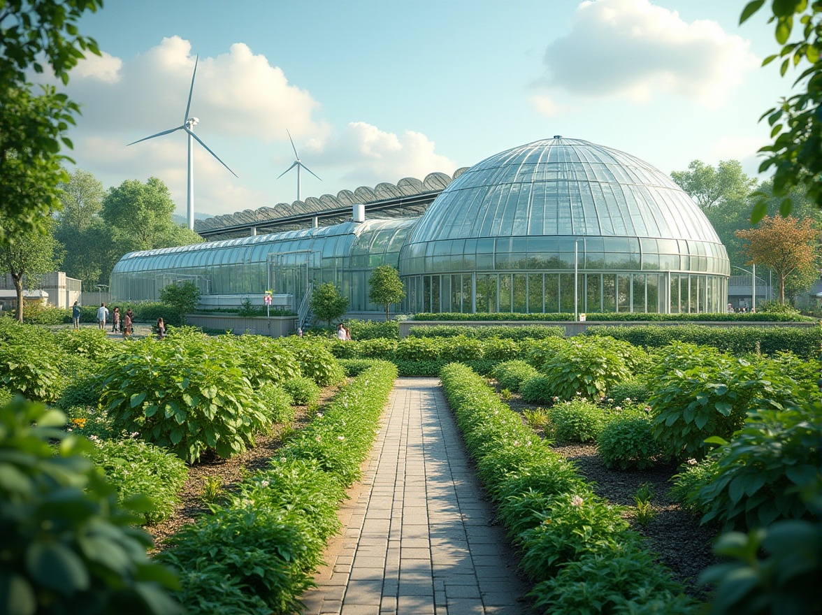 Prompt: Greenhouse, sustainable practices, regionalism, eco-friendly, futuristic architecture, glass dome, lush greenery, vertical farming, solar panels, wind turbines, recycling facilities, organic gardens, local wildlife preservation, educational signs, interactive exhibits, panoramic view, 3/4 composition, natural lighting, soft focus, vibrant colors.