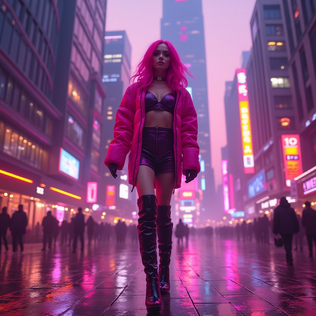 Prompt: Futuristic, vibrant fuchsia-colored, neon-lit cityscape, sleek skyscraper, modern architecture, metallic materials, glass windows, LED lights, bustling streets, crowded sidewalks, trendy fashionista, bold hairstyle, statement makeup, avant-garde clothing, high-heeled boots, confident stride, dynamic pose, shallow depth of field, bold composition, cinematic lighting, futuristic ambiance.