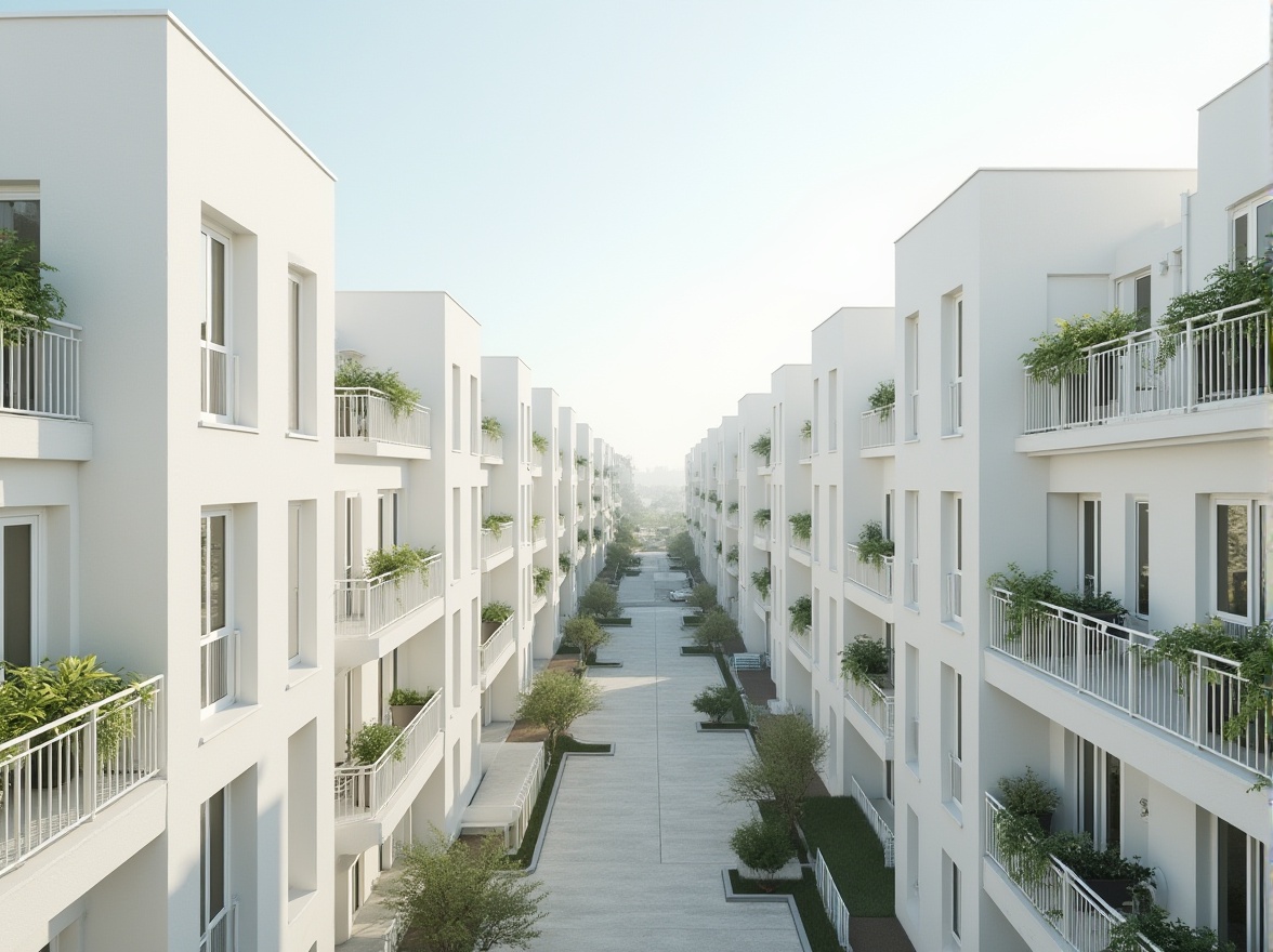 Prompt: Minimalist social housing, white exterior walls, clean lines, simple geometric shape, urban setting, modern architecture, functionality emphasized, green roofs, balconies with white railings, potted plants, natural light pouring in through large windows, reflective surfaces, calm atmosphere, Scandinavian design influence, 3/4 composition, softbox lighting, subtle shadows, airy feel, community focused, sustainable living.