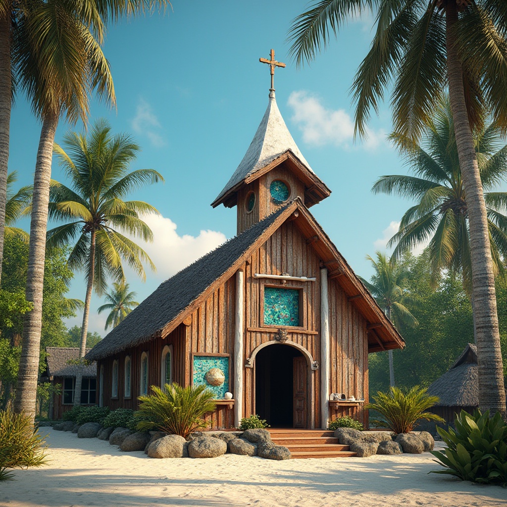 Prompt: Coastal church, tropical architecture, Chukum material, wooden structure, rustic exterior, white steeple, cross on top, stained glass windows, colorful mosaic tiles, natural texture, weathered wood, driftwood decorations, beachside location, palm trees surrounding, sea breeze, sunny day, soft warm lighting, 3/4 composition, slight overexposure.