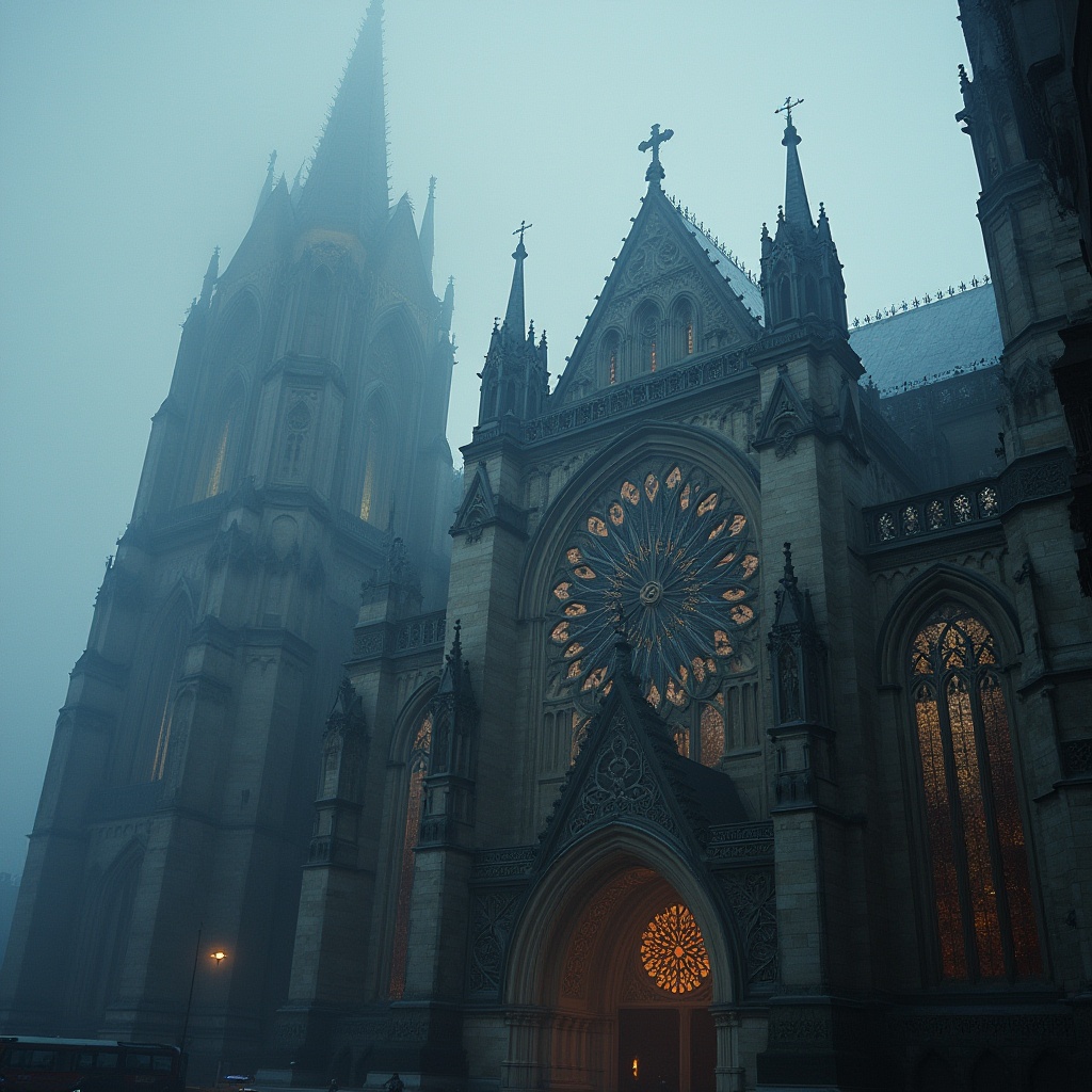 Prompt: Gothic cathedral, steel-framed structure, intricate stone carvings, grand rose window, ribbed vaults, flying buttresses, ornate spires, stained glass, dramatic lighting, foggy atmosphere, misty morning, soft focus, cinematic composition, low-angle shot, atmospheric perspective.