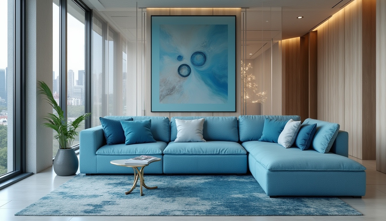 Prompt: Cerulean blue dominant, modern minimalist interior, spacious living room, sleek low-profile sofa, geometric-patterned rug, floor-to-ceiling windows, urban cityscape view, subtle natural light, warm beige walls, metallic accents, avant-garde decorative art piece, bold typography, 3/4 composition, softbox lighting, cinematic atmosphere.