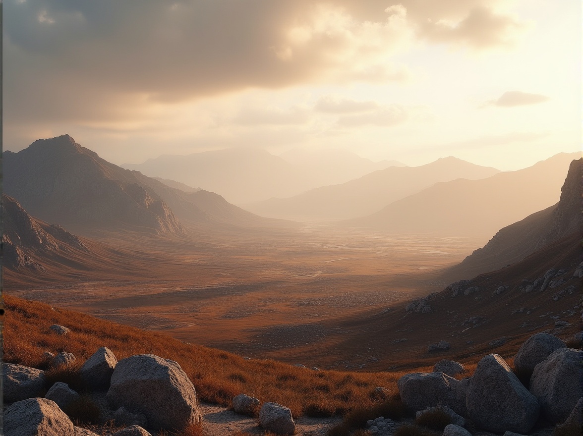 Prompt: Plateau regions, vast open spaces, rolling hills, sparse vegetation, rugged terrain, rocky outcrops, scenic vistas, distant mountains, misty atmosphere, soft golden light, aerial view, 3/4 composition, warm ambient lighting, realistic texture, natural material, dramatic cloud formations, gentle breeze, serene ambiance.