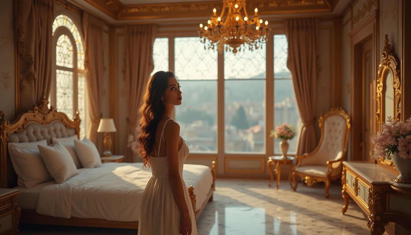 Prompt: Luxurious dorm room, Byzantine style, mature lady resident, 25-35yo, wavy brown hair, elegant makeup, red lipstick, golden earrings, white nightgown, luxurious bedding, intricately carved wooden furniture, ornate chandeliers, marble floor, large windows with stained glass, panoramic view of the city, warm and cozy atmosphere, softbox lighting, shallow depth of field, cinematic composition.