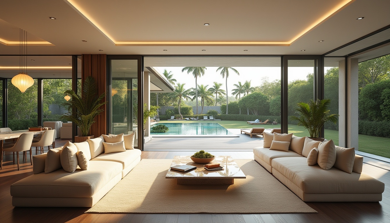 Prompt: Modern villa, luxury mansion, sleek lines, minimalist decor, floor-to-ceiling windows, sliding glass doors, open-plan living area, high ceilings, cream-colored walls, dark wood flooring, plush beige sofas, marble coffee table, pendant lighting, lush greenery, garden views, infinity pool, sun loungers, tropical trees, warm sunny day, natural light, 3/4 composition, soft focus, cinematic mood.