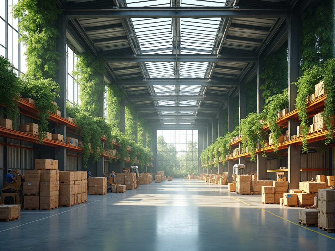 Prompt: Modern sustainable distribution center, international style, eco-friendly architecture, solar panels on roof, green walls with vines, large glass windows, natural light pouring in, minimal carbon footprint, recyclable materials, efficient logistics system, automated sorting machines, robotic arms, LED lighting, polished concrete floor, wooden crates, cardboard boxes, pallets, forklifts moving goods, busy warehouse atmosphere, high ceilings, panoramic view, soft natural lighting, realistic textures.