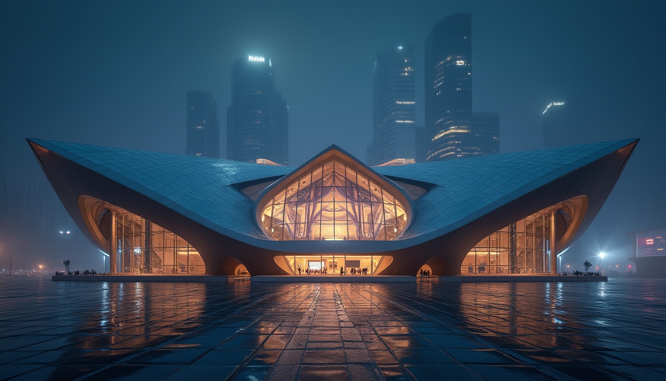 Prompt: Unique concert house, constructivism style, futuristic architecture, irregular shape, geometric patterns, metallic materials, glass facade, LED light installation, urban cityscape, night scene, dramatic lighting, fog effect, low-angle shot, symmetrical composition, avant-garde atmosphere.