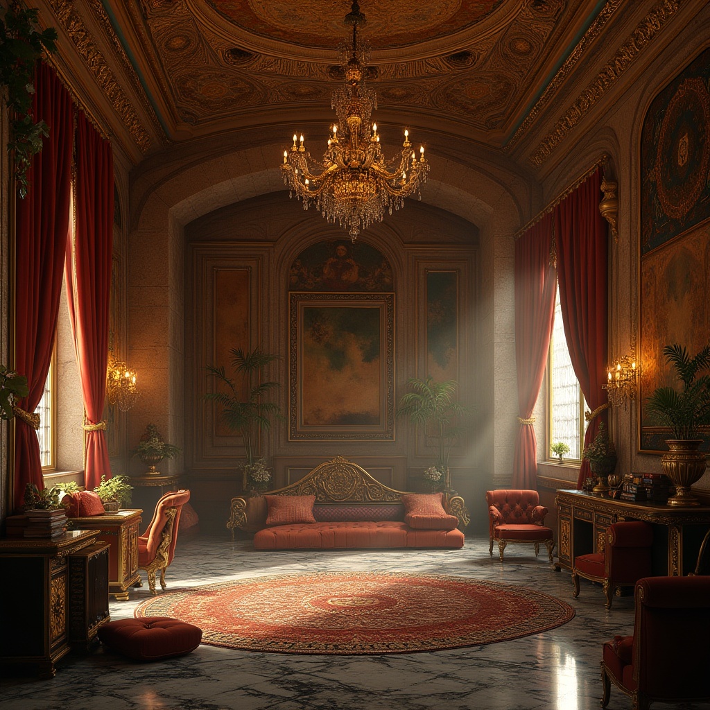 Prompt: Byzantine-style dorm room, ornate golden frames, intricate mosaic patterns, rich velvet curtains, luxurious marble floors, majestic stone arches, grand chandeliers, warm soft lighting, cozy reading nook, plush cushions, ancient-inspired tapestries, mysterious crypt-like atmosphere, dimly lit, dramatic shadows, ornate wooden furniture, heavy drapery, lavish furnishings, opulent details, warm earthy tones, historic architectural elements, majestic high ceilings.