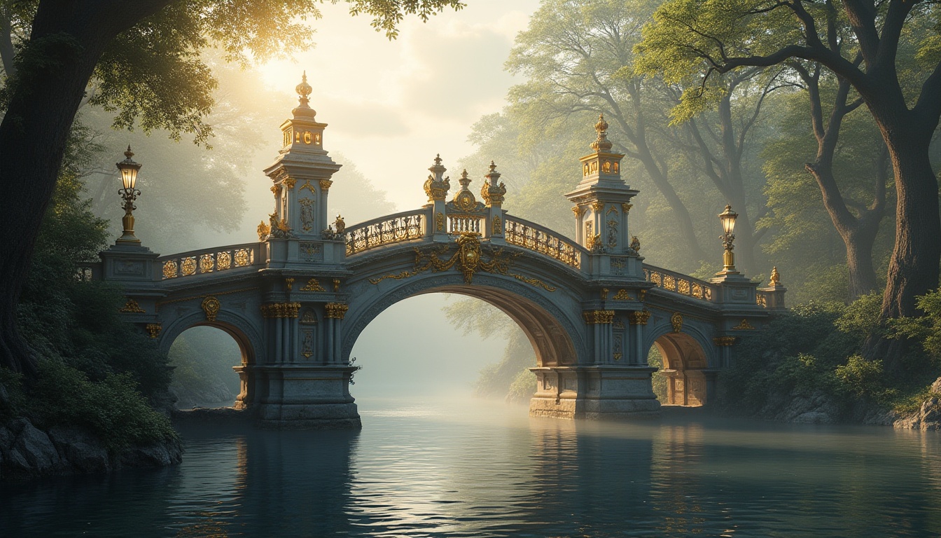 Prompt: Baroque style bridge, grandiose, ornate, majestic, arches, pillars, statues, intricate carvings, gold leaf details, marble floors, river flowing underneath, misty morning, soft sunlight, warm tone, cinematic composition, 3/4 view, atmospheric perspective, gentle water ripples, lush greenery, vines crawling up the bridge, ancient trees standing tall, mysterious fog, dramatic lighting, grand entrance, ornate lampposts.