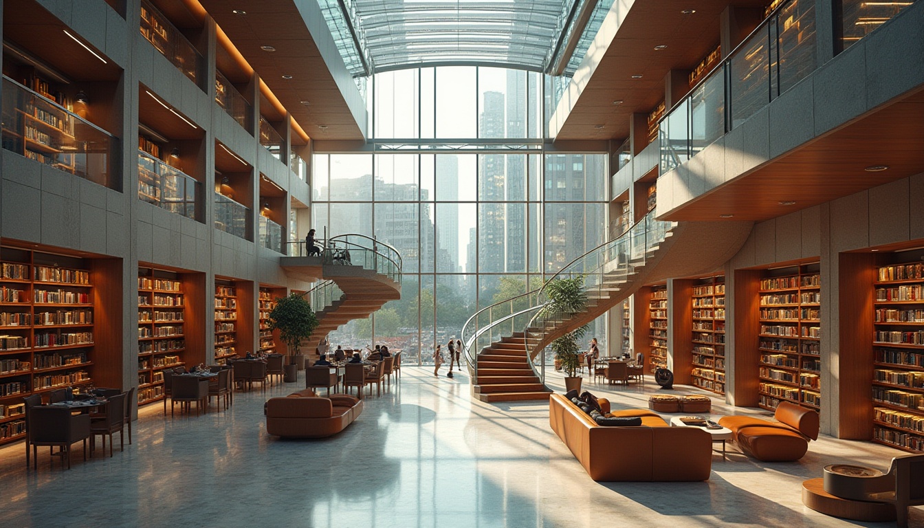 Prompt: Modern library architecture, commercial district, urban landscape, grand atrium, high ceiling, glass roof, marble floors, spiral staircase, floor-to-ceiling bookshelves, comfortable reading areas, wooden tables, leather chairs, warm lighting, cityscape view, skyscrapers surrounding, busy streets, pedestrians passing by, sunny day, soft shadows, realistic reflection, cinematic composition.