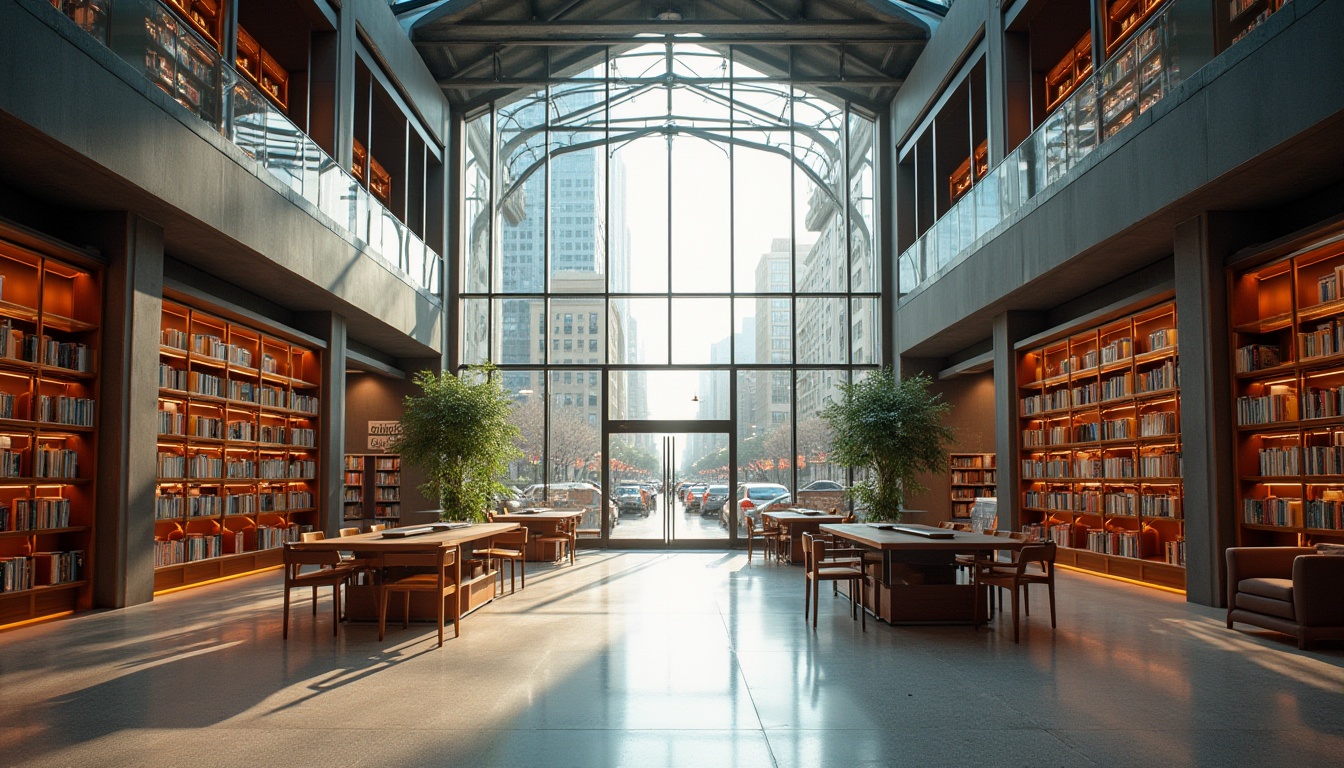 Prompt: Modern library, commercial district, urban setting, grand glass entrance, sleek metal framework, minimalist interior design, wooden shelves, comfortable reading areas, vibrant colors, natural light pouring in through floor-to-ceiling windows, busy streetscape outside, skyscrapers and office buildings surrounding, city noise muffled by soundproofing, morning sunlight casting long shadows, warm and inviting atmosphere, panoramic view of the district.