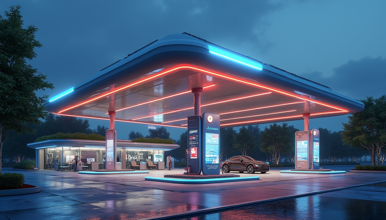 Prompt: Modern gas station, futuristic architecture, sleek lines, neon lights, LED signage, metallic materials, glass walls, minimalist aesthetic, self-service kiosks, automated fuel pumps, electric vehicle charging stations, solar panels on roof, green roofs with lush vegetation, spacious waiting area, comfortable seating, free Wi-Fi, digital display screens, 360-degree cameras for security, smart traffic management systems, angular composition, low-angle shot, high-contrast lighting, vibrant colors.