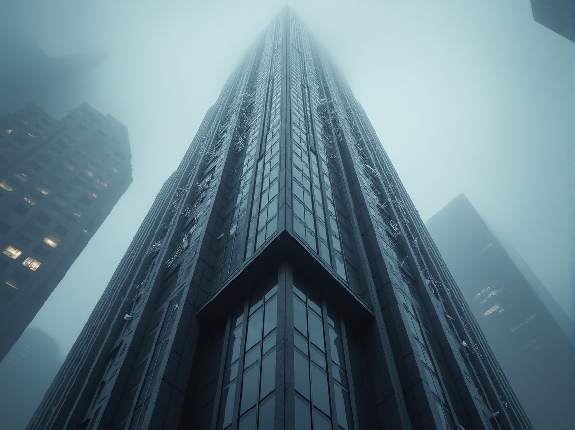 Prompt: Modern skyscraper, dark gray concrete, sleek metallic accents, floor-to-ceiling windows, angular architecture, sharp edges, towering high-rise building, urban cityscape, metropolitan atmosphere, cloudy sky, dramatic lighting, low-angle shot, cinematic composition, misty fog effect, 3/4 view, realistic rendering.