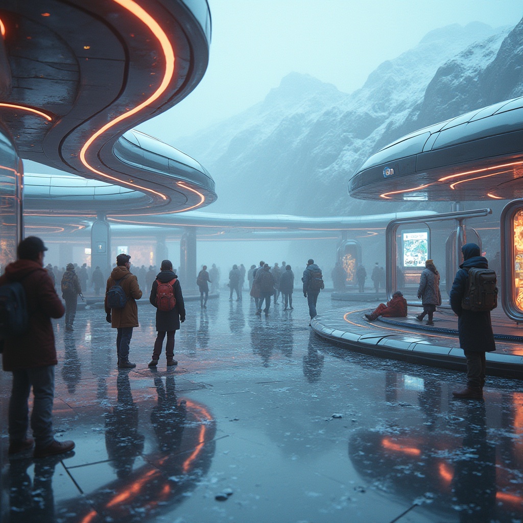 Prompt: Futuristic plateau tram station, modern architecture, sleek lines, metallic materials, transparent glass roofs, LED lighting, circular platforms, holographic advertisements, people in futuristic outfits, solo travelers, tourists with backpacks, locals in traditional clothing, misty atmosphere, morning fog, snowy mountains in the distance, panoramic view, wide-angle shot, cinematic composition, high contrast, vibrant colors, neon lights reflecting off metal surfaces.