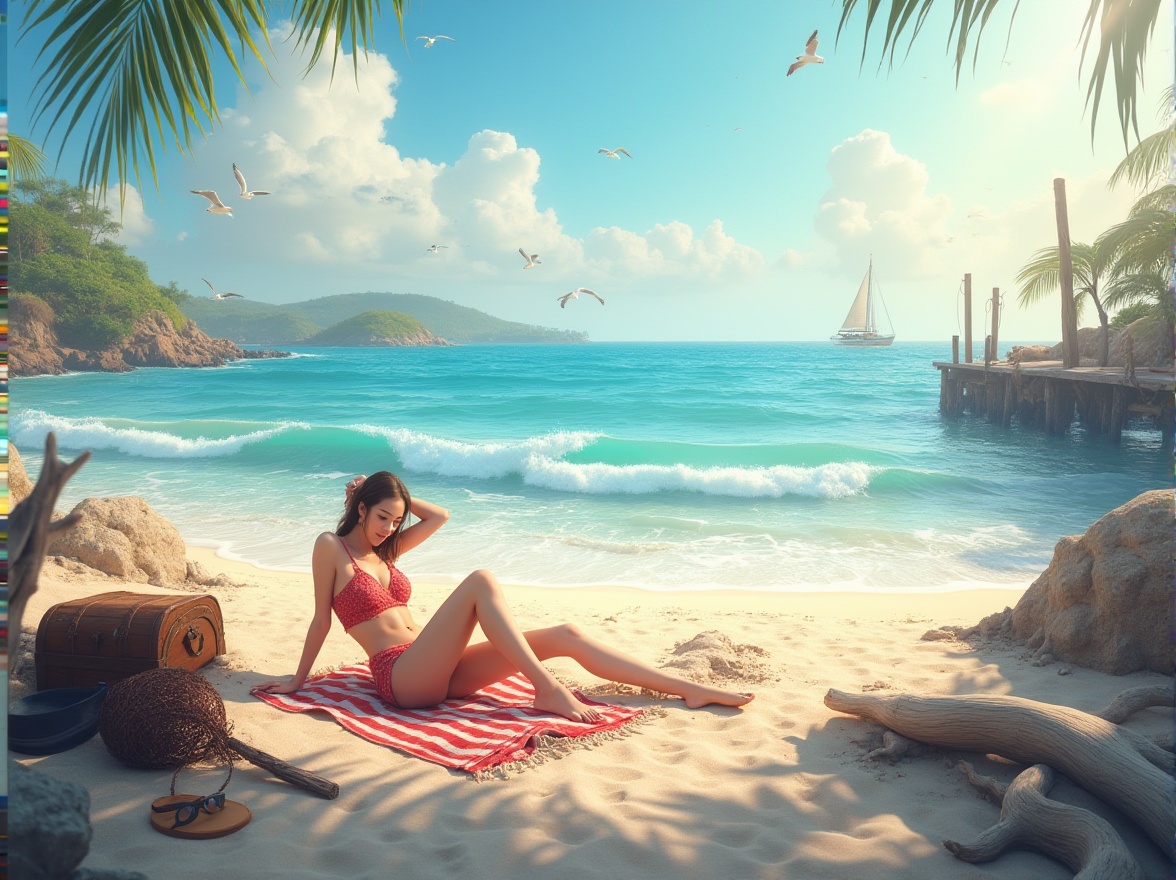 Prompt: Seaside scenery, coastal environment, serene atmosphere, gentle ocean waves, sandy beach, rocky shores, driftwood, seagulls flying overhead, warm sunlight, soft blue sky, puffy white clouds, beach towels, sunglasses, sandals, relaxed pose, hands behind head, lying down, treasure chest, fishing net, sailboat in the distance, lighthouse on the hill, rustic wooden pier, weathered ropes, nautical flags, salty air, misty morning, warm afternoon light.